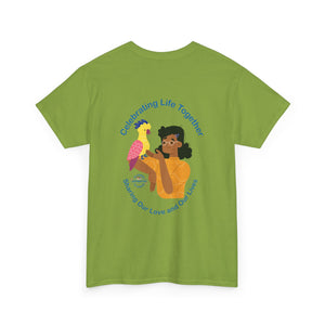 Celebrating Life – Woman with Parrot Unisex Heavy Cotton Tee